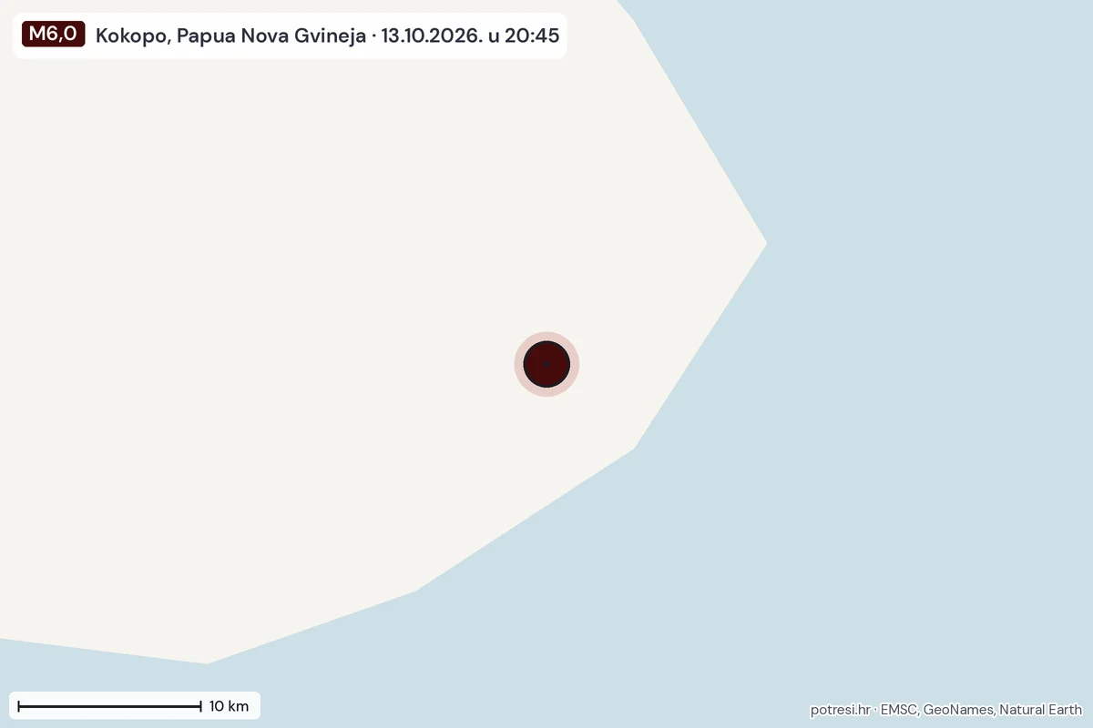 Karta: okolica epicentra, 60 km, potres M6,0, Kokopo, Papua Nova Gvineja, 13.10.2026.
