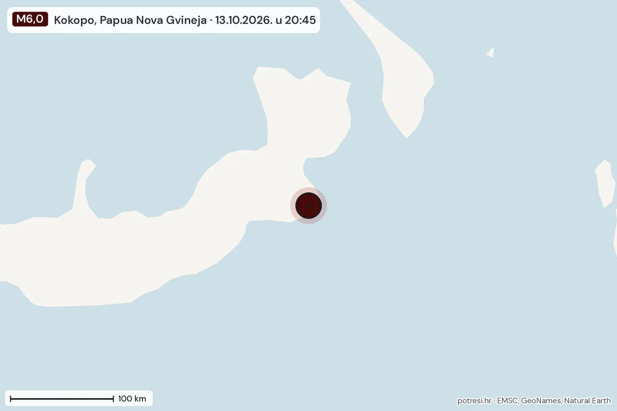 Karta: šire područje, 600 km, potres M6,0, Kokopo, Papua Nova Gvineja, 13.10.2026.