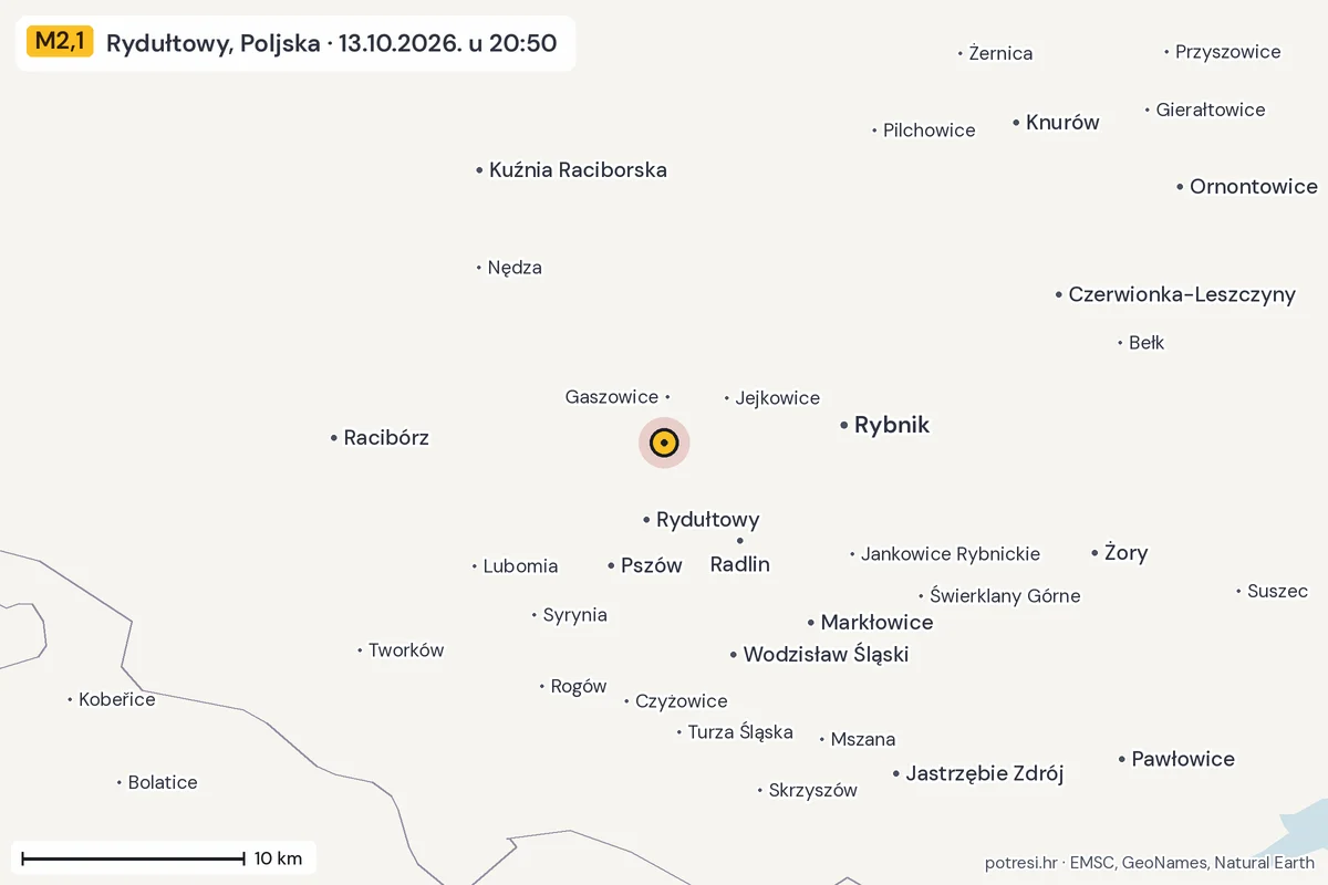 Karta: okolica epicentra, 60 km, potres M2,1, Rydułtowy, Poljska, 13.10.2026.
