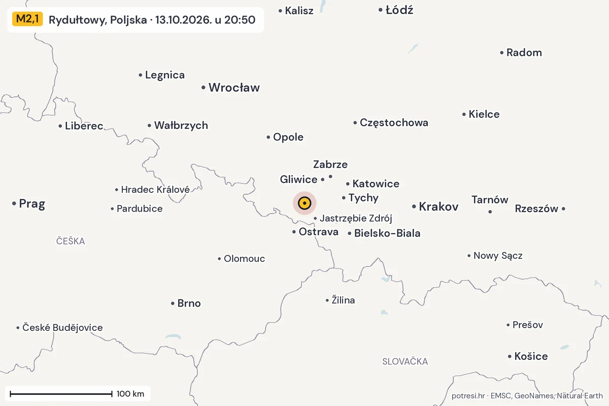Karta: šire područje, 600 km, potres M2,1, Rydułtowy, Poljska, 13.10.2026.