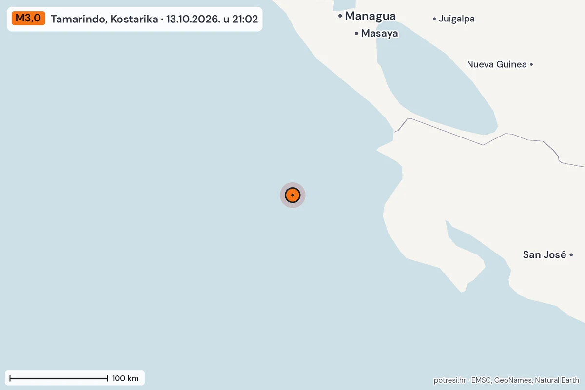 Karta: šire područje, 600 km, potres M3,0, Tamarindo, Kostarika, 13.10.2026.