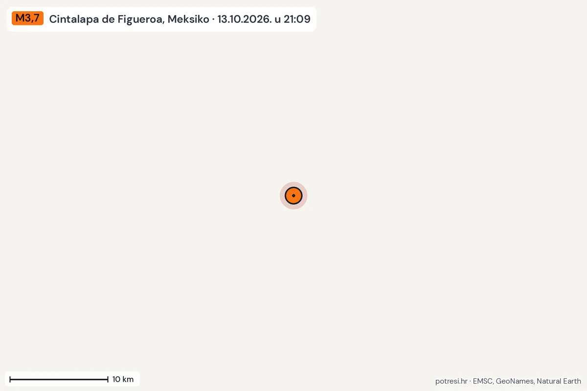 Karta: okolica epicentra, 60 km, potres M3,7, Cintalapa de Figueroa, Meksiko, 13.10.2026.