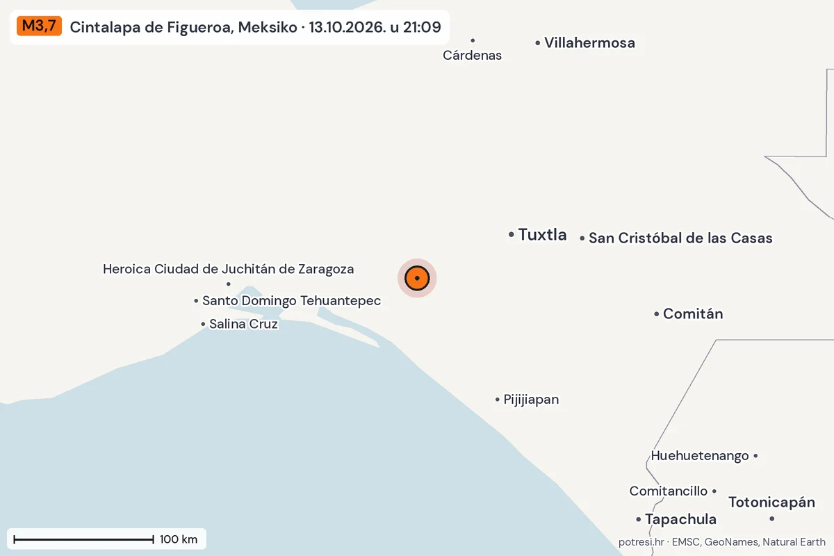 Karta: šire područje, 600 km, potres M3,7, Cintalapa de Figueroa, Meksiko, 13.10.2026.