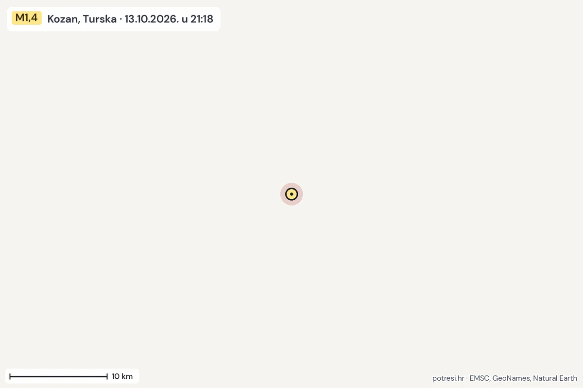 Karta: okolica epicentra, 60 km, potres M1,4, Kozan, Turska, 13.10.2026.