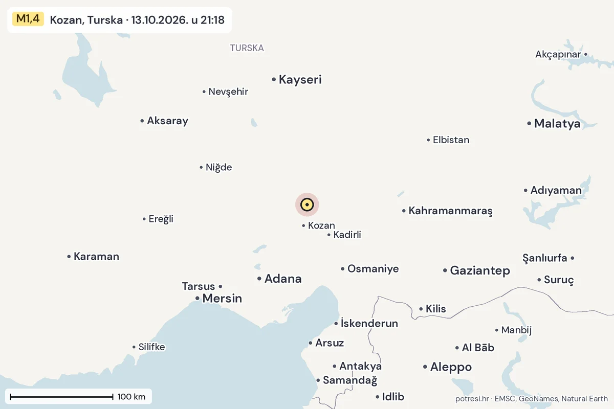 Karta: šire područje, 600 km, potres M1,4, Kozan, Turska, 13.10.2026.
