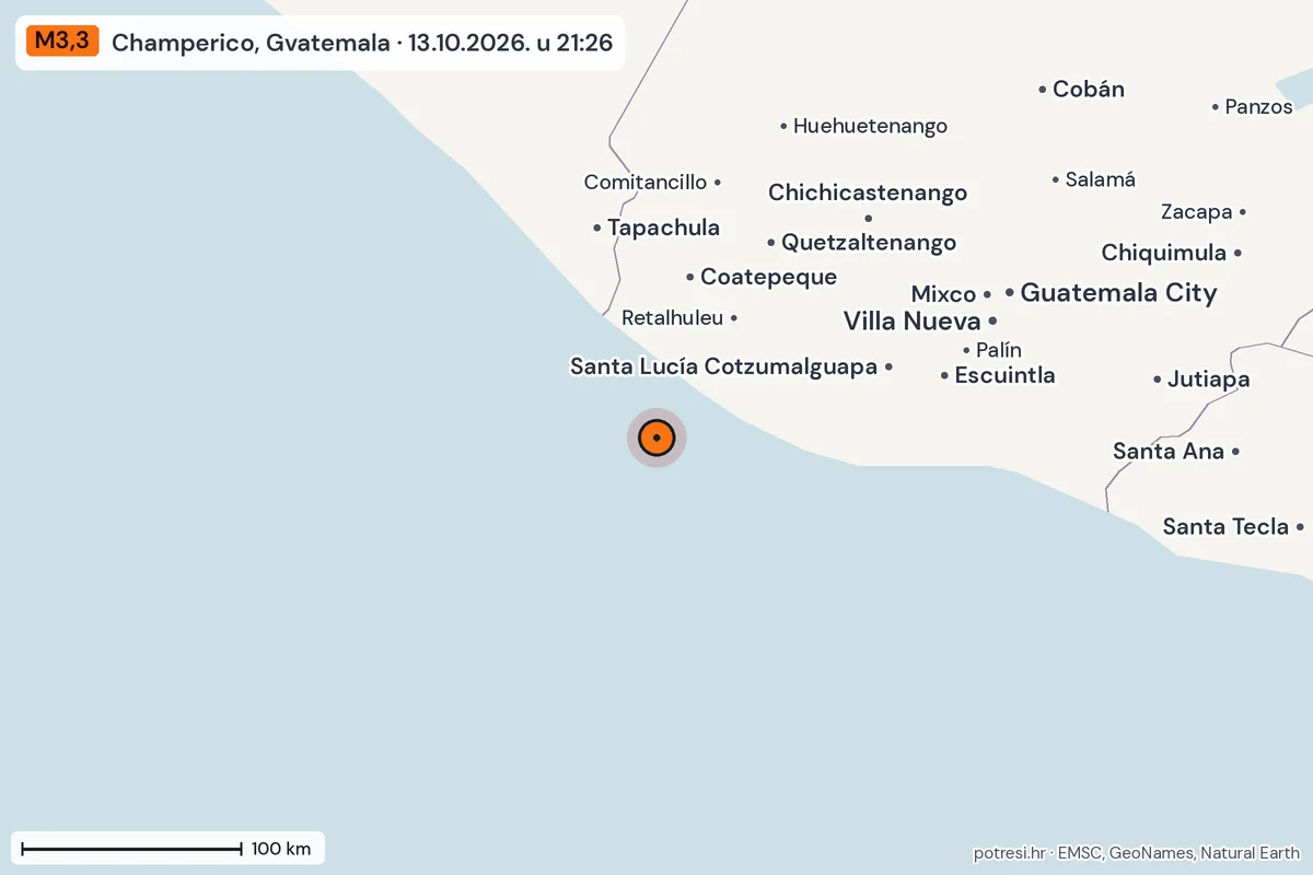 Karta: šire područje, 600 km, potres M3,3, Champerico, Gvatemala, 13.10.2026.
