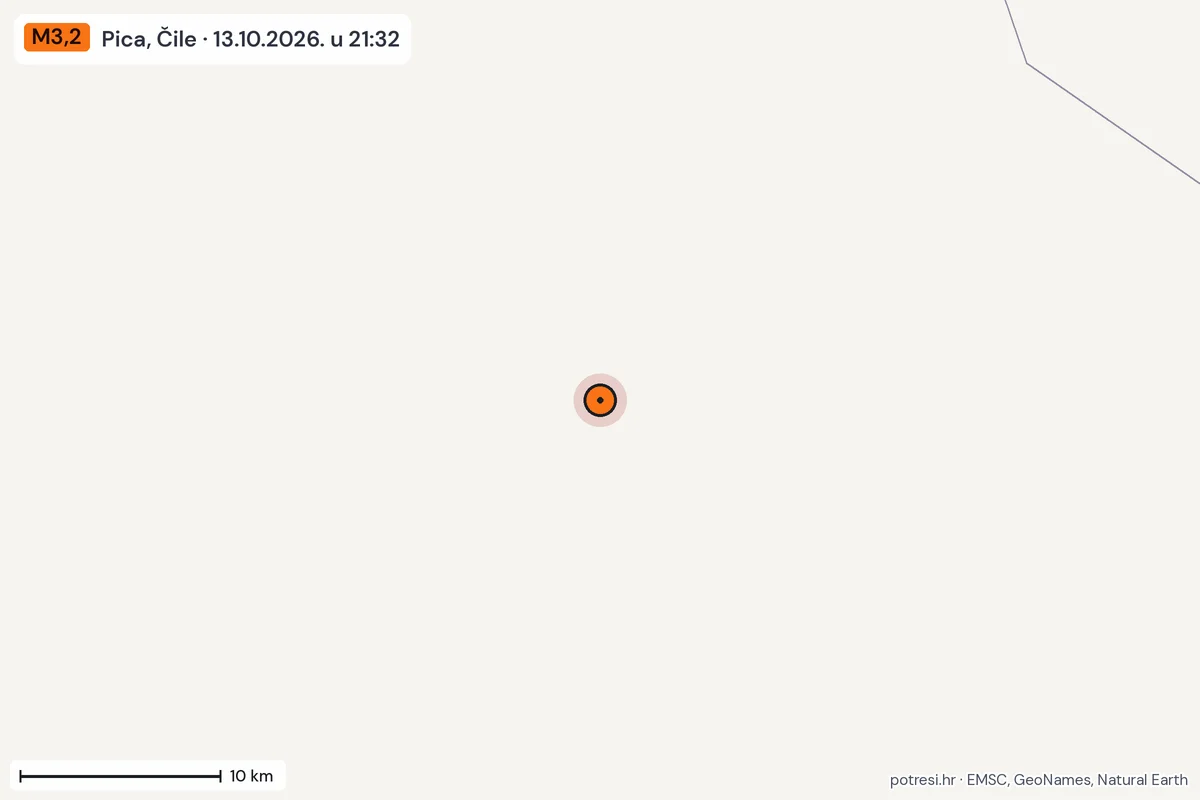 Karta: okolica epicentra, 60 km, potres M3,2, Pica, Čile, 13.10.2026.