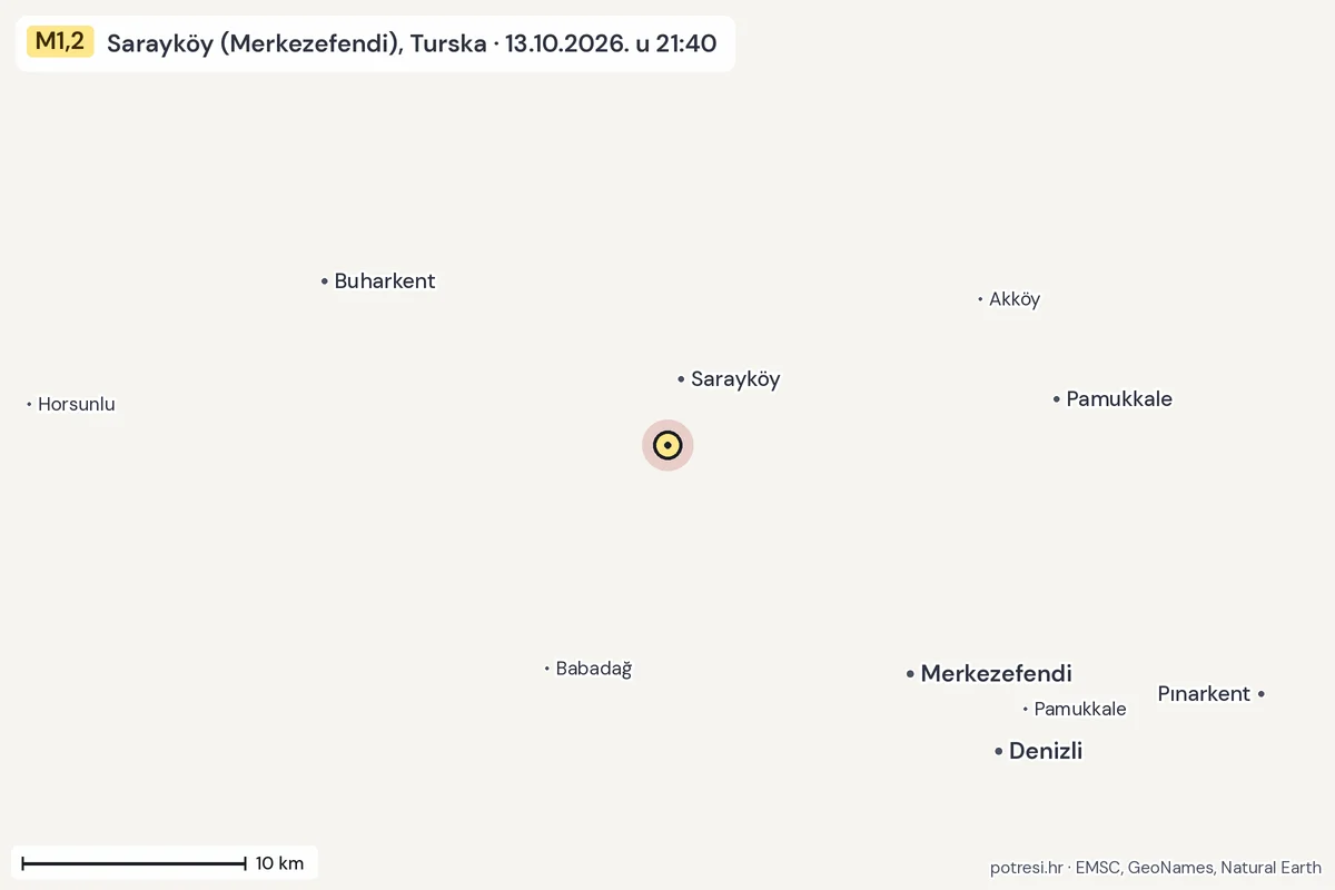 Karta: okolica epicentra, 60 km, potres M1,2, Sarayköy (Merkezefendi), Turska, 13.10.2026.