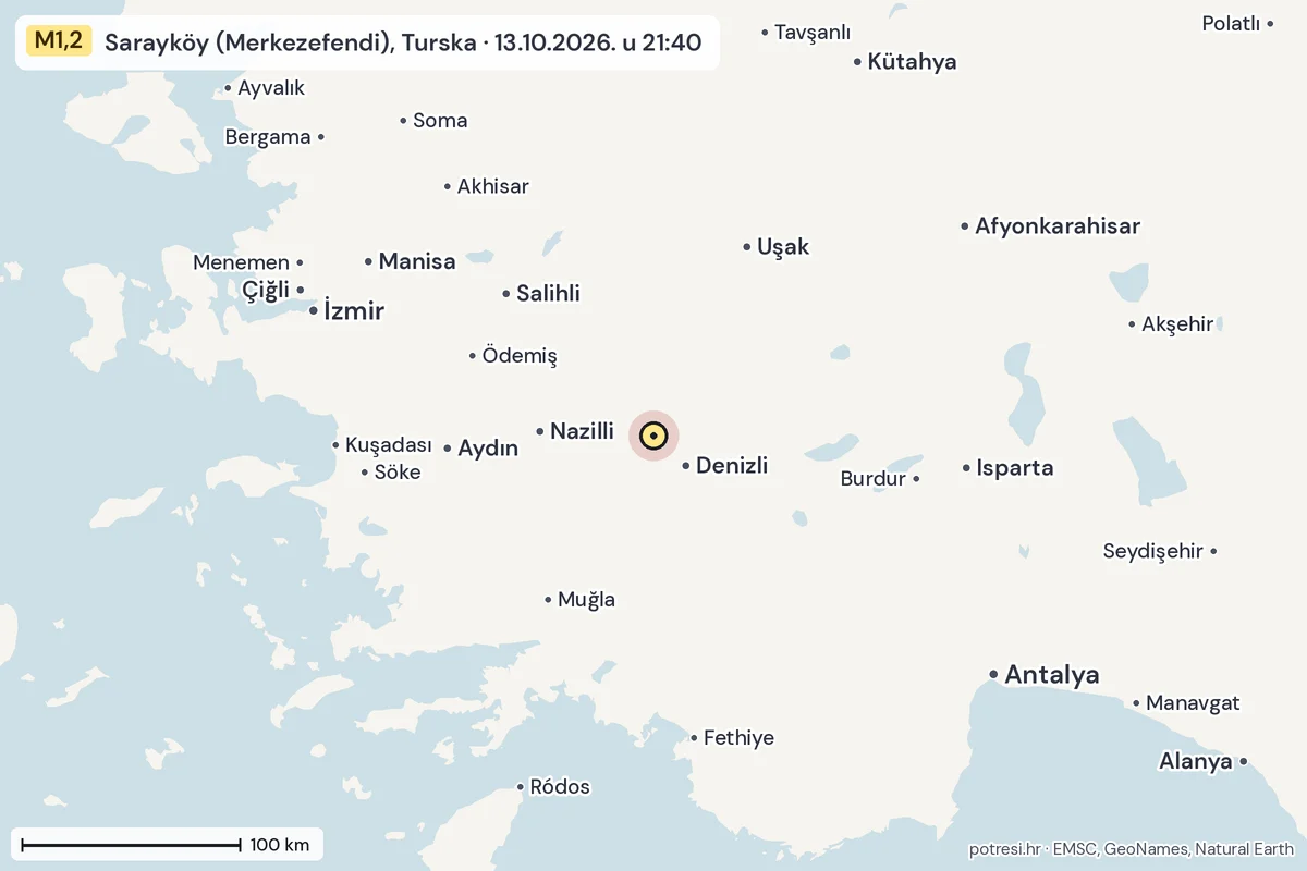 Karta: šire područje, 600 km, potres M1,2, Sarayköy (Merkezefendi), Turska, 13.10.2026.