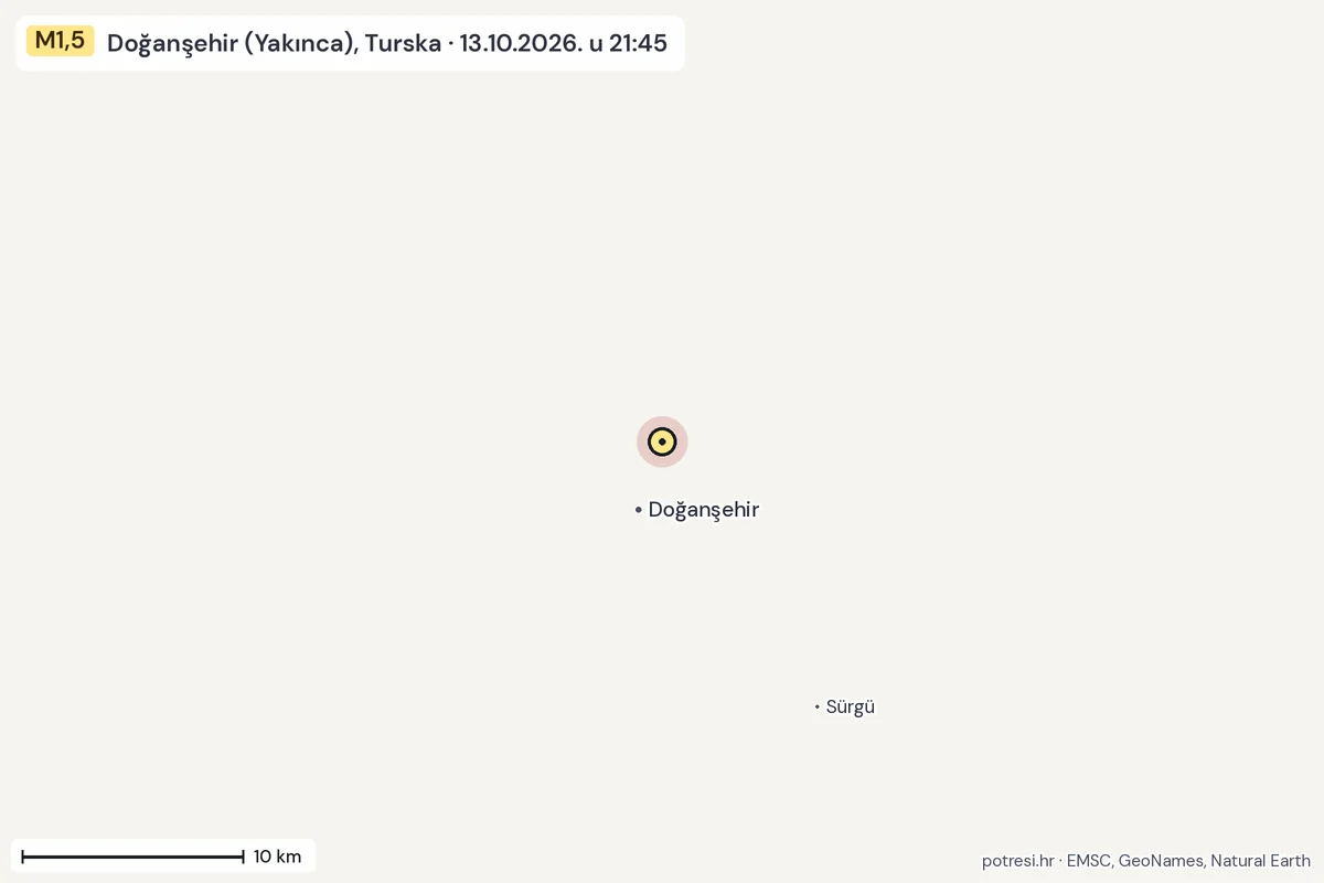 Karta: okolica epicentra, 60 km, potres M1,5, Doğanşehir (Yakınca), Turska, 13.10.2026.