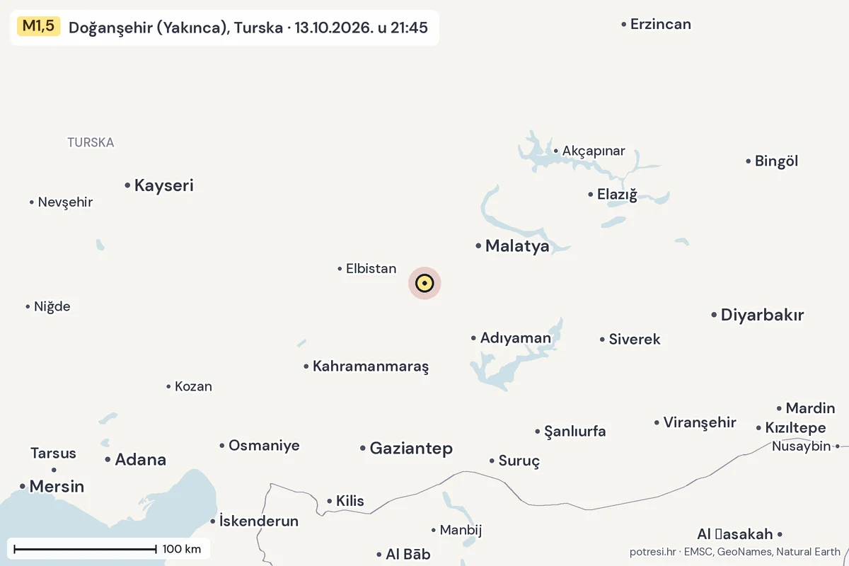 Karta: šire područje, 600 km, potres M1,5, Doğanşehir (Yakınca), Turska, 13.10.2026.