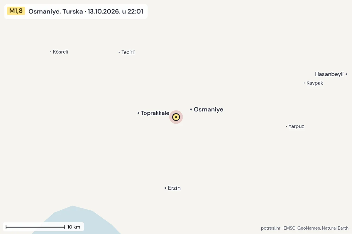 Karta: okolica epicentra, 60 km, potres M1,8, Osmaniye, Turska, 13.10.2026.