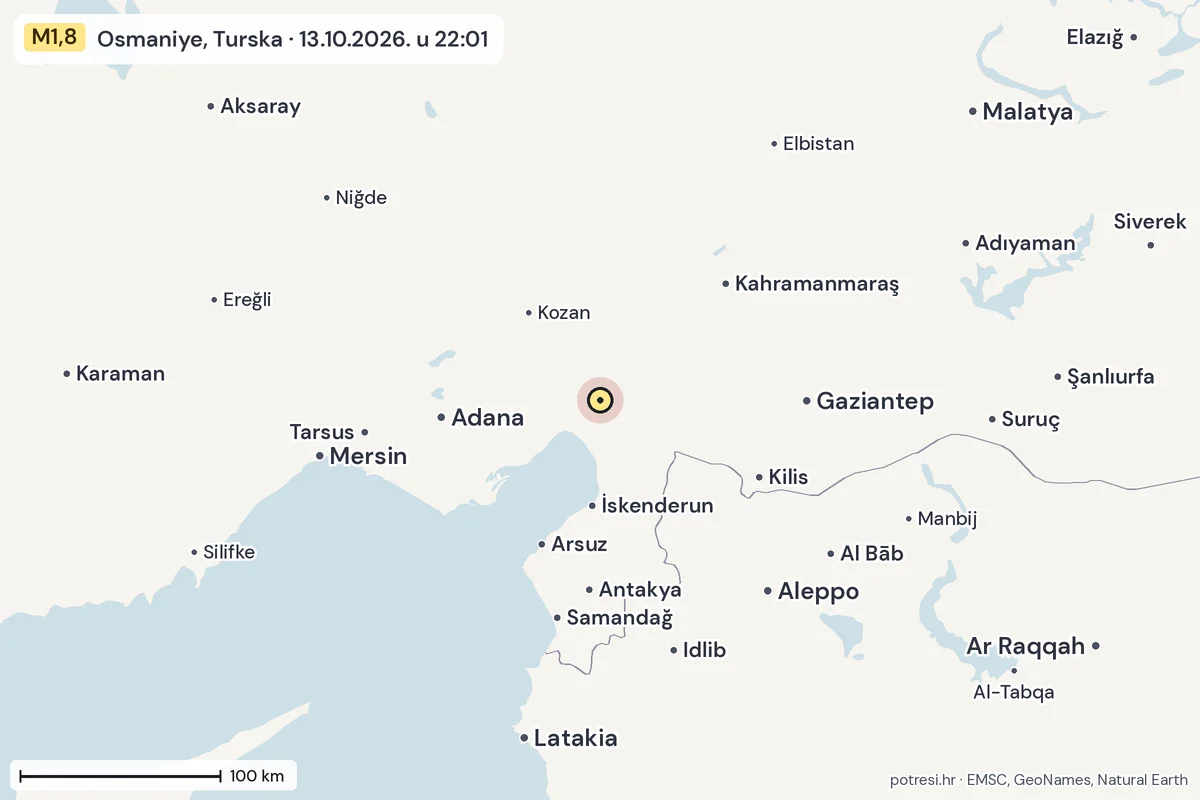 Karta: šire područje, 600 km, potres M1,8, Osmaniye, Turska, 13.10.2026.