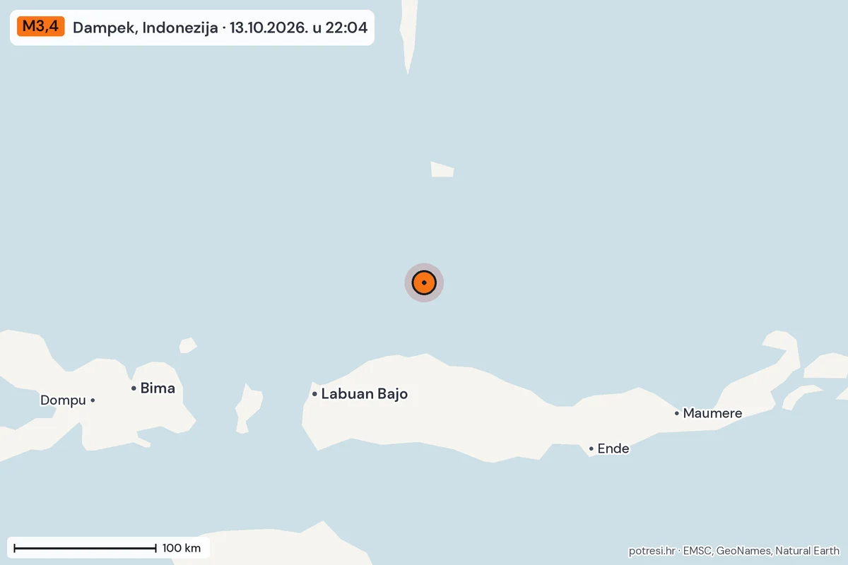 Karta: šire područje, 600 km, potres M3,4, Dampek, Indonezija, 13.10.2026.