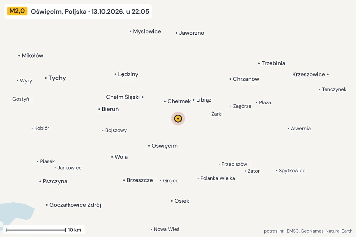 Karta: okolica epicentra, 60 km, potres M2,0, Oświęcim, Poljska, 13.10.2026.