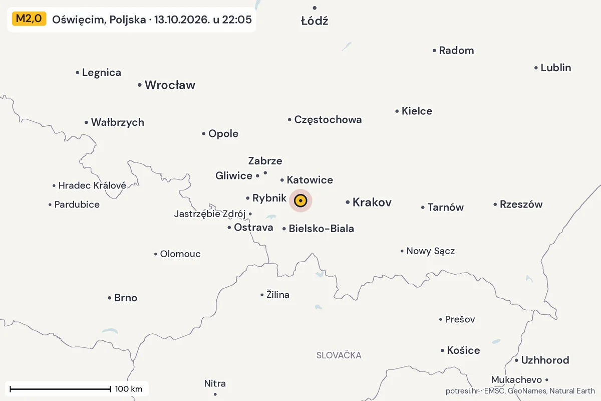 Karta: šire područje, 600 km, potres M2,0, Oświęcim, Poljska, 13.10.2026.