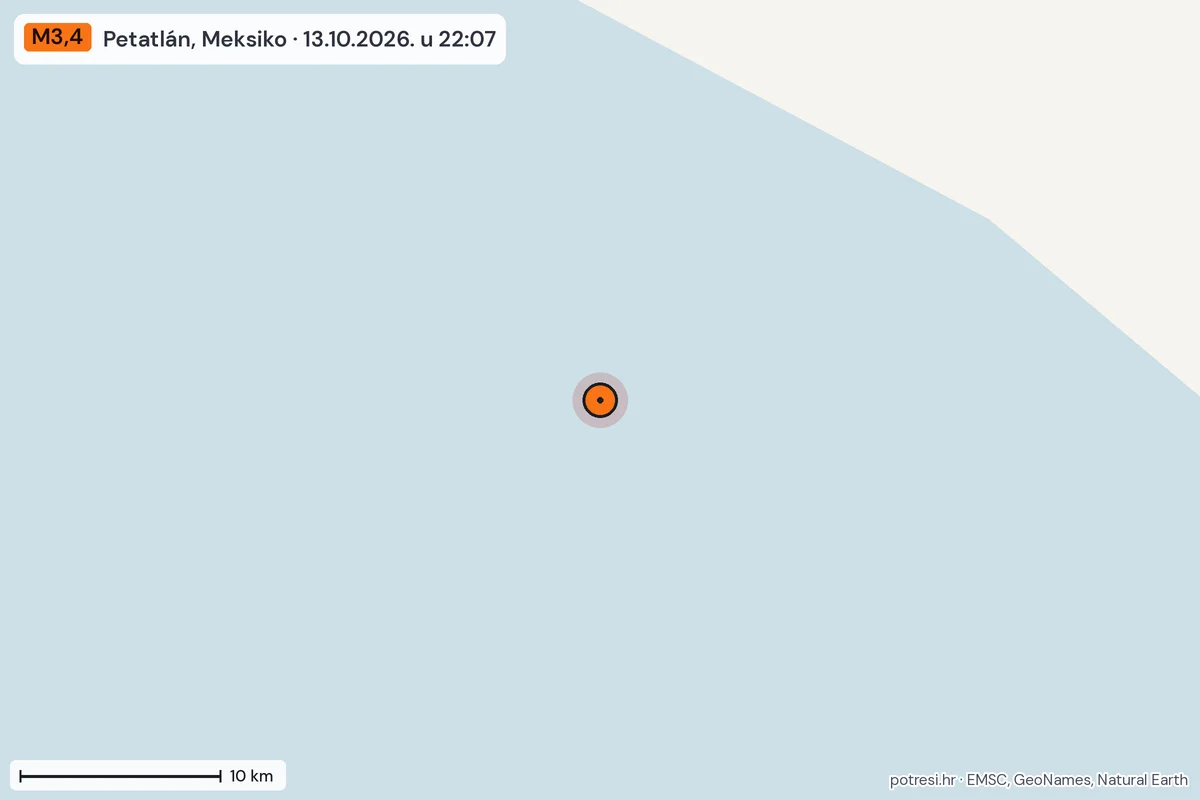 Karta: okolica epicentra, 60 km, potres M3,4, Petatlán, Meksiko, 13.10.2026.