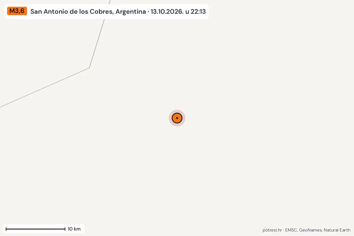 Karta: okolica epicentra, 60 km, potres M3,6, San Antonio de los Cobres, Argentina, 13.10.2026.