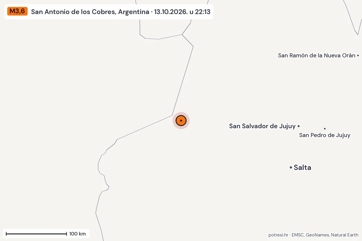 Karta: šire područje, 600 km, potres M3,6, San Antonio de los Cobres, Argentina, 13.10.2026.