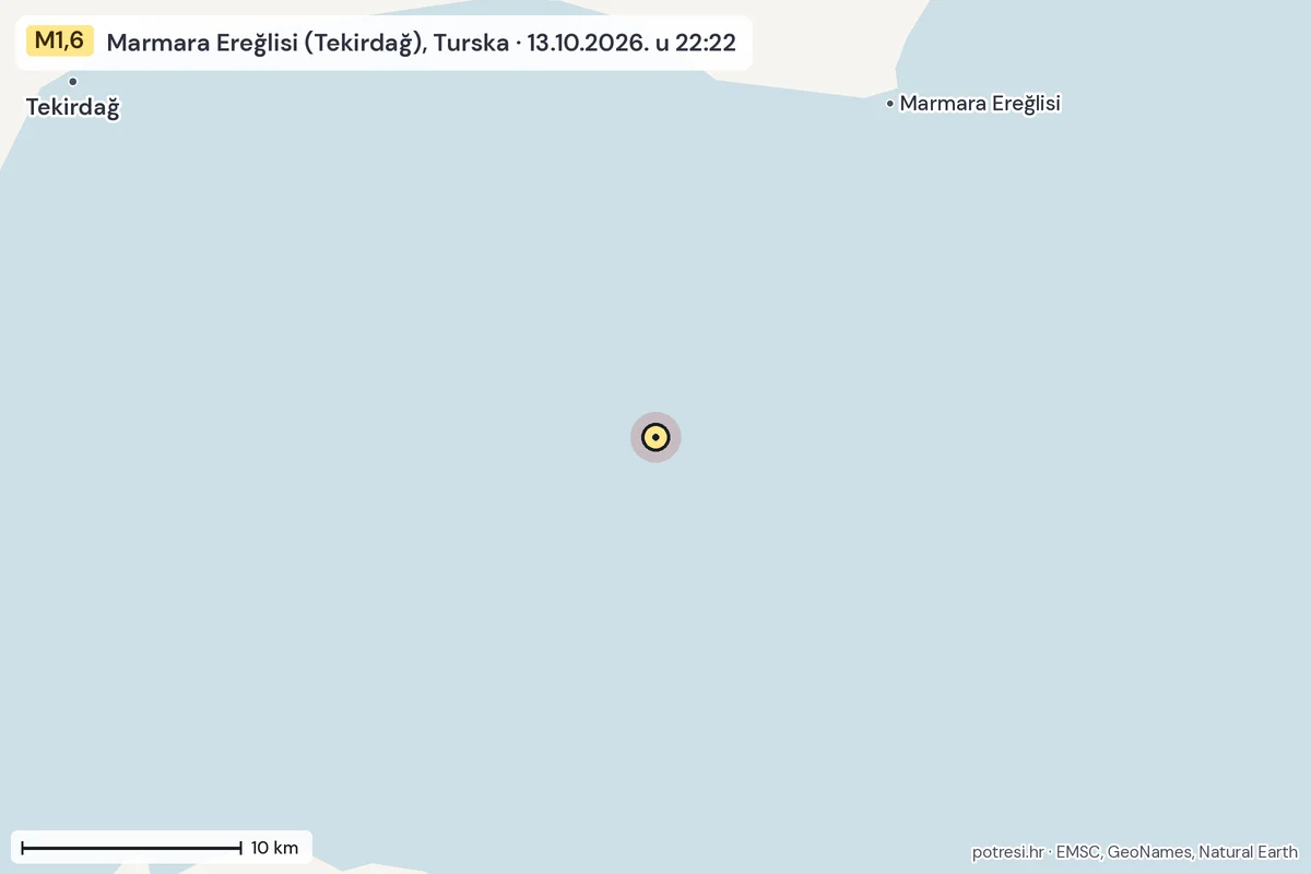 Karta: okolica epicentra, 60 km, potres M1,6, Marmara Ereğlisi (Tekirdağ), Turska, 13.10.2026.