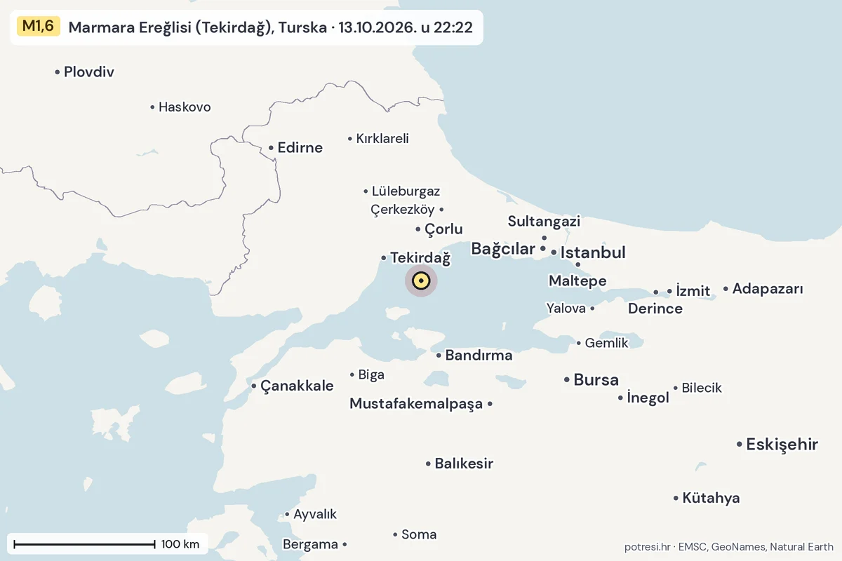 Karta: šire područje, 600 km, potres M1,6, Marmara Ereğlisi (Tekirdağ), Turska, 13.10.2026.