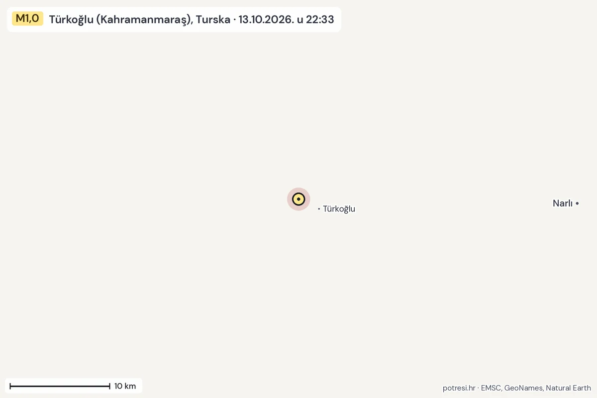 Karta: okolica epicentra, 60 km, potres M1,0, Türkoğlu (Kahramanmaraş), Turska, 13.10.2026.