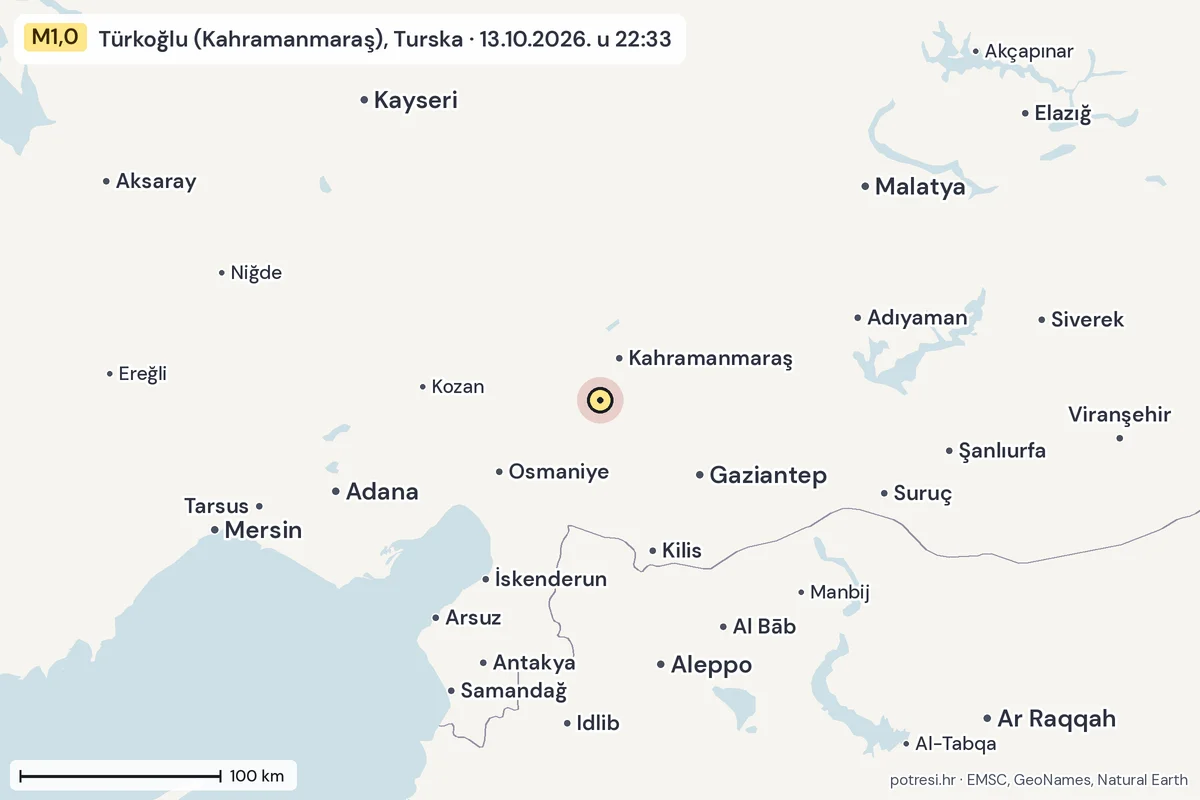 Karta: šire područje, 600 km, potres M1,0, Türkoğlu (Kahramanmaraş), Turska, 13.10.2026.