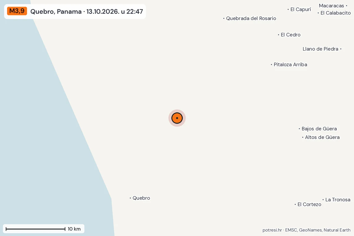 Karta: okolica epicentra, 60 km, potres M3,9, Quebro, Panama, 13.10.2026.