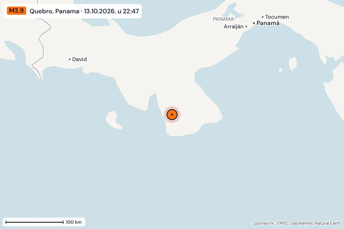 Karta: šire područje, 600 km, potres M3,9, Quebro, Panama, 13.10.2026.