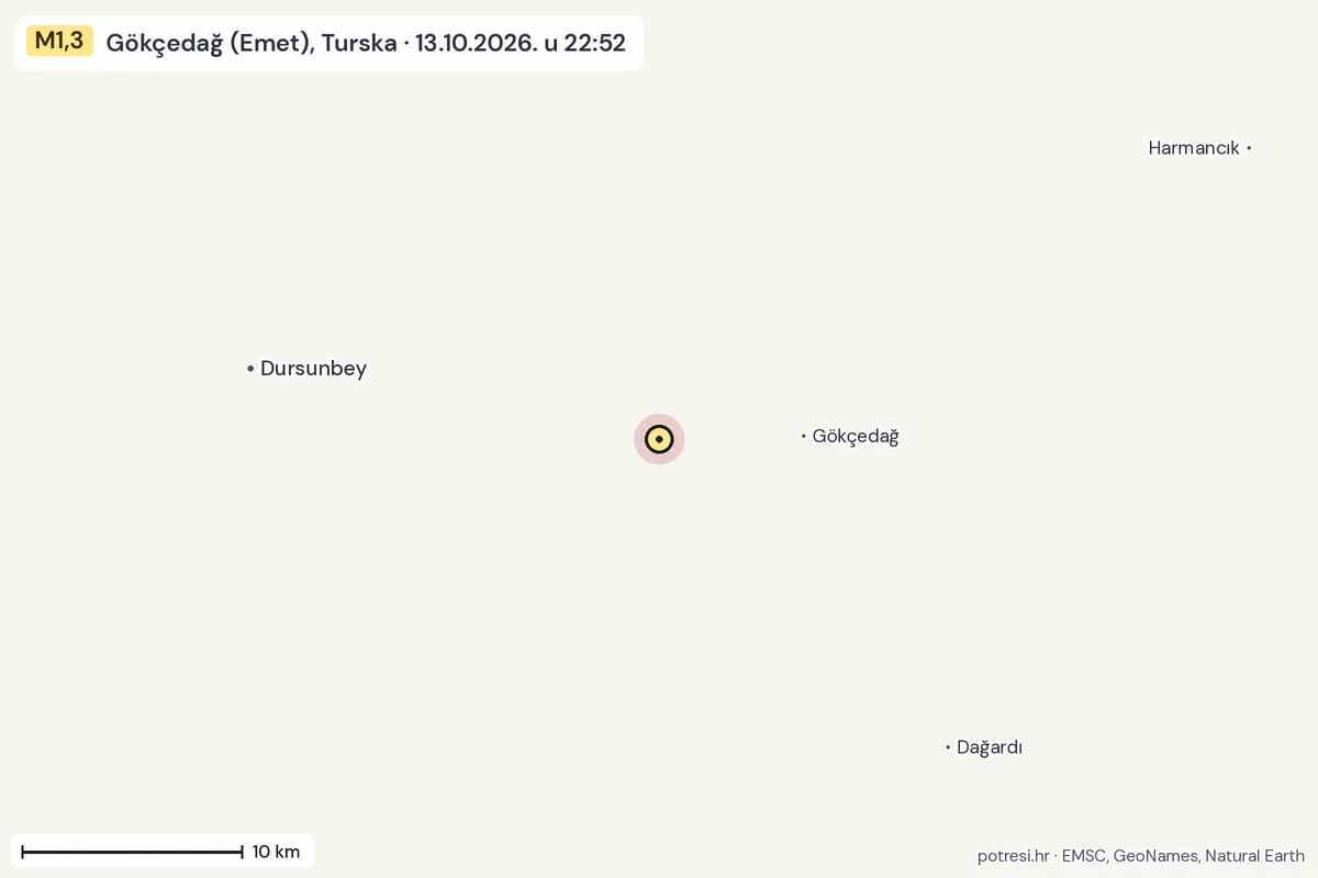 Karta: okolica epicentra, 60 km, potres M1,3, Gökçedağ (Emet), Turska, 13.10.2026.