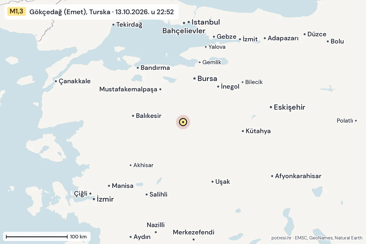 Karta: šire područje, 600 km, potres M1,3, Gökçedağ (Emet), Turska, 13.10.2026.