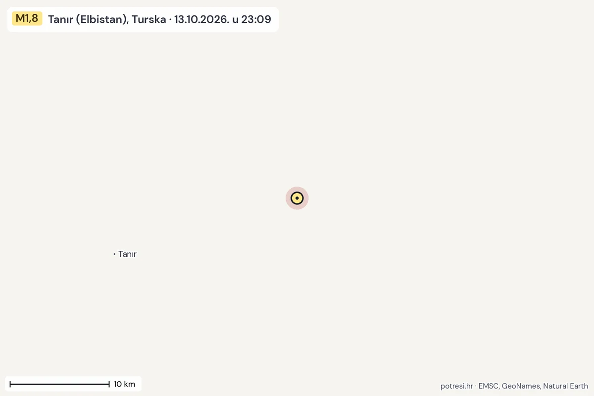 Karta: okolica epicentra, 60 km, potres M1,8, Tanır (Elbistan), Turska, 13.10.2026.