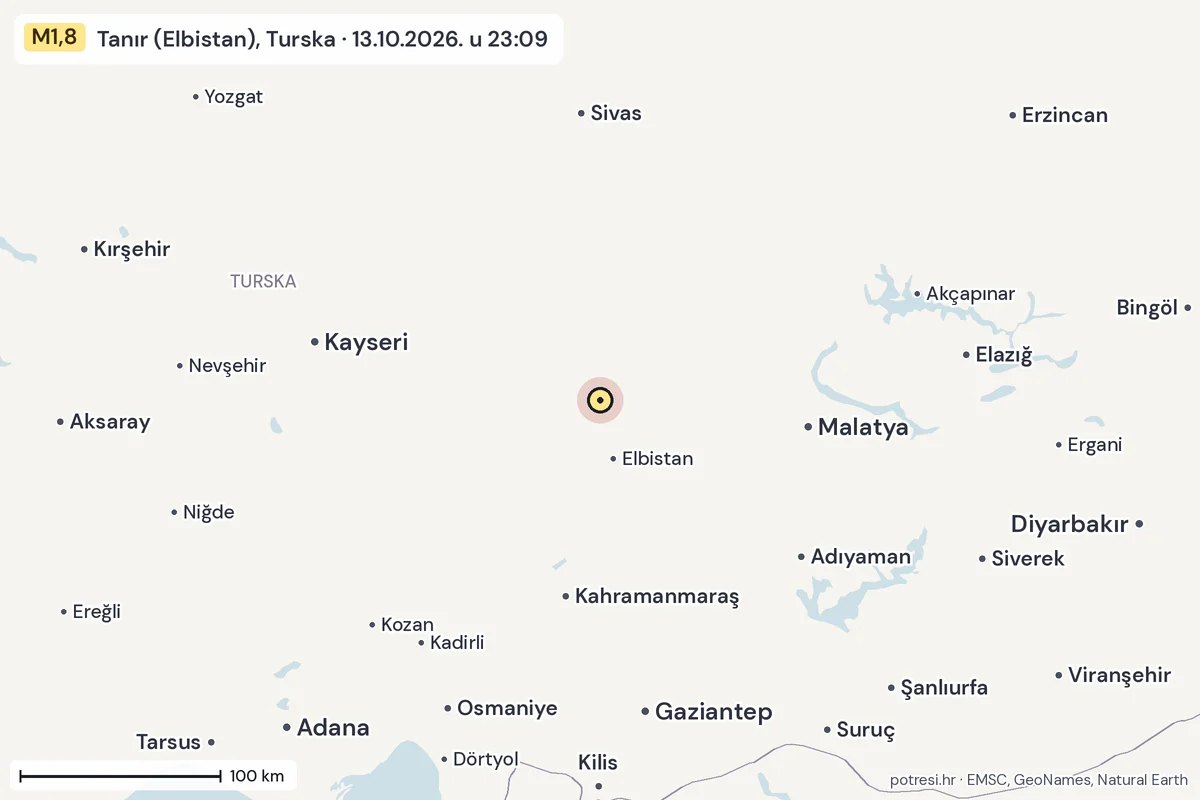 Karta: šire područje, 600 km, potres M1,8, Tanır (Elbistan), Turska, 13.10.2026.