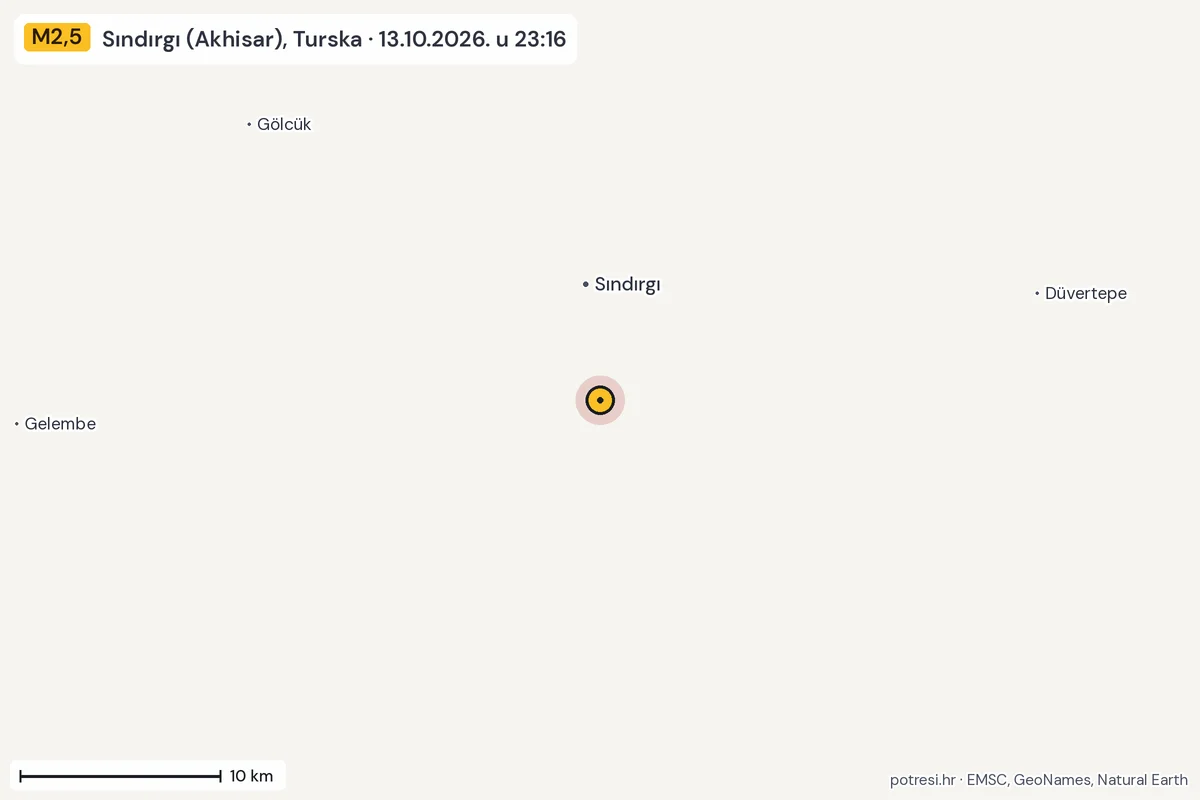 Karta: okolica epicentra, 60 km, potres M2,5, Sındırgı (Akhisar), Turska, 13.10.2026.