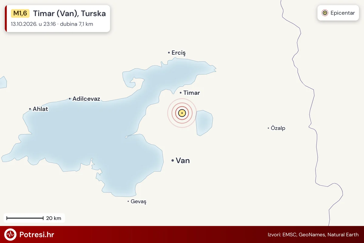 Karta: šire područje i vjerojatni doseg osjeta, potres M1,6, Timar (Van), Turska, 13.10.2026.