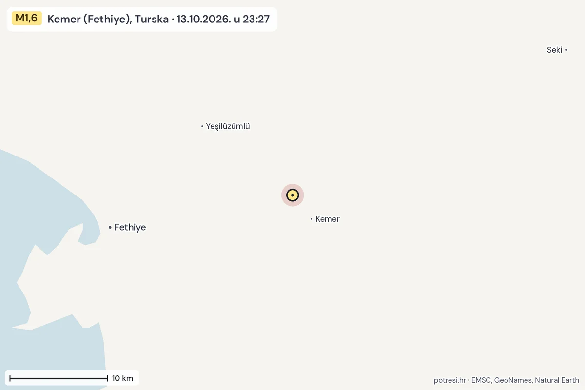 Karta: okolica epicentra, 60 km, potres M1,6, Kemer (Fethiye), Turska, 13.10.2026.
