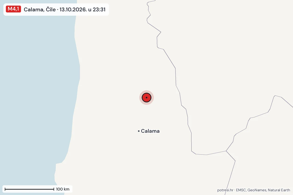 Karta: šire područje, 600 km, potres M4,1, Calama, Čile, 13.10.2026.