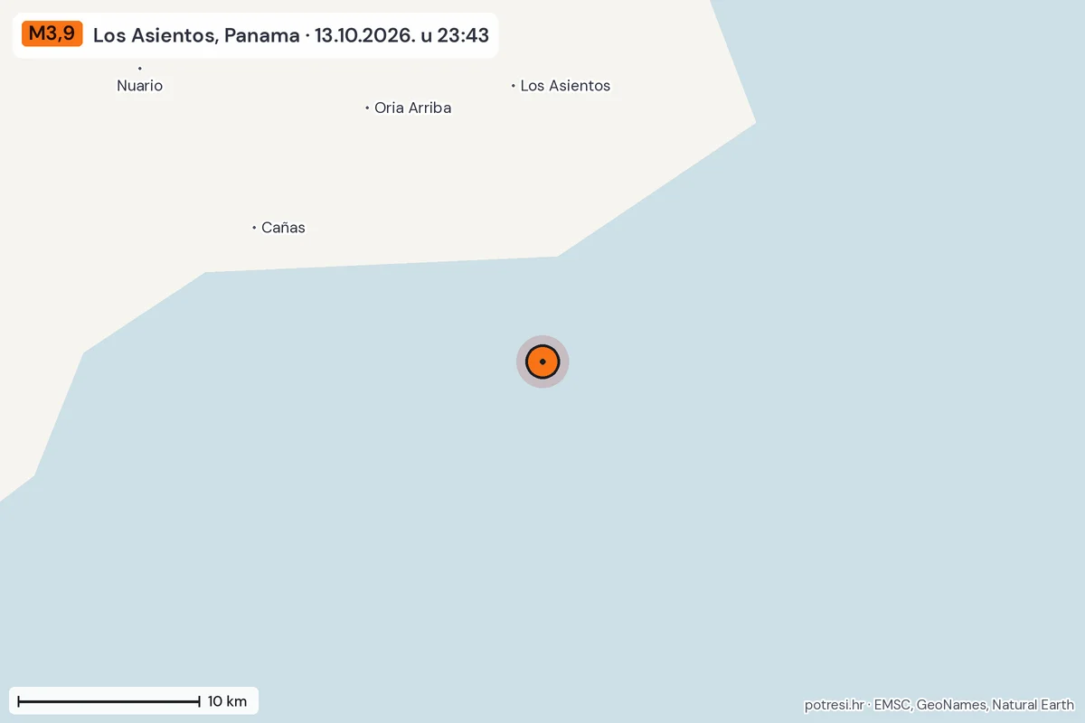 Karta: okolica epicentra, 60 km, potres M3,9, Los Asientos, Panama, 13.10.2026.