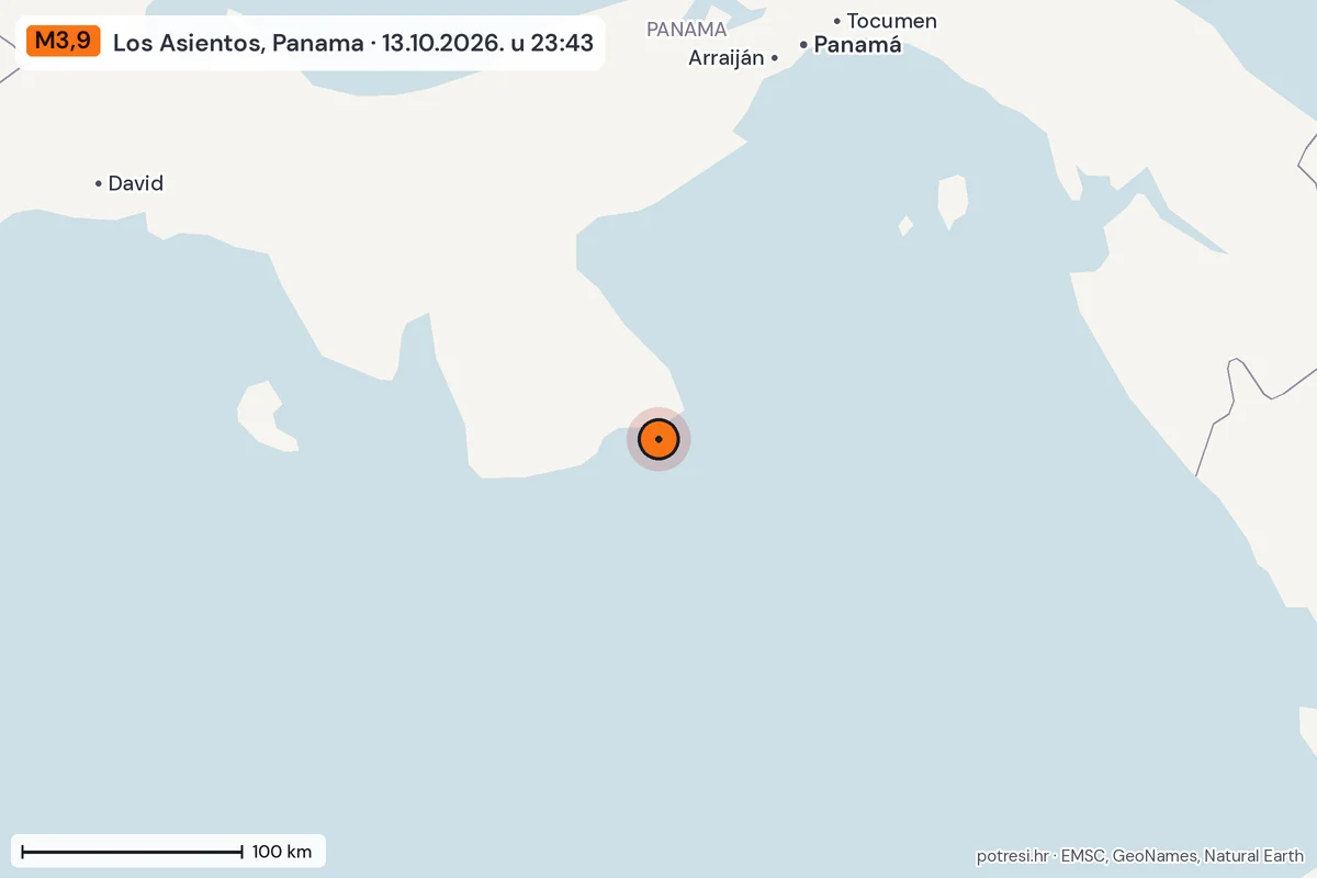 Karta: šire područje, 600 km, potres M3,9, Los Asientos, Panama, 13.10.2026.