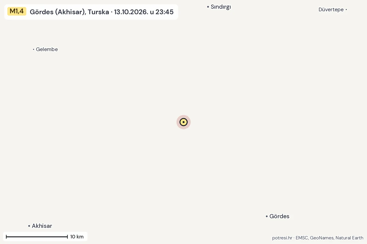 Karta: okolica epicentra, 60 km, potres M1,4, Gördes (Akhisar), Turska, 13.10.2026.
