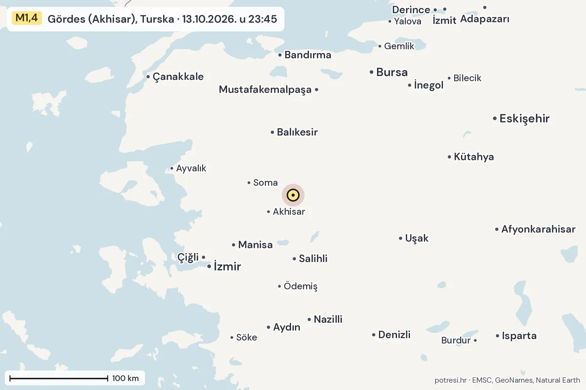 Karta: šire područje, 600 km, potres M1,4, Gördes (Akhisar), Turska, 13.10.2026.