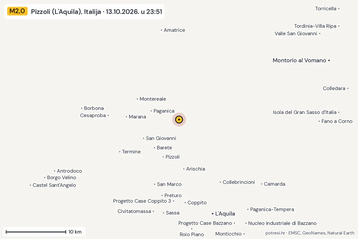 Karta: okolica epicentra, 60 km, potres M2,0, Pizzoli (L'Aquila), Italija, 13.10.2026.