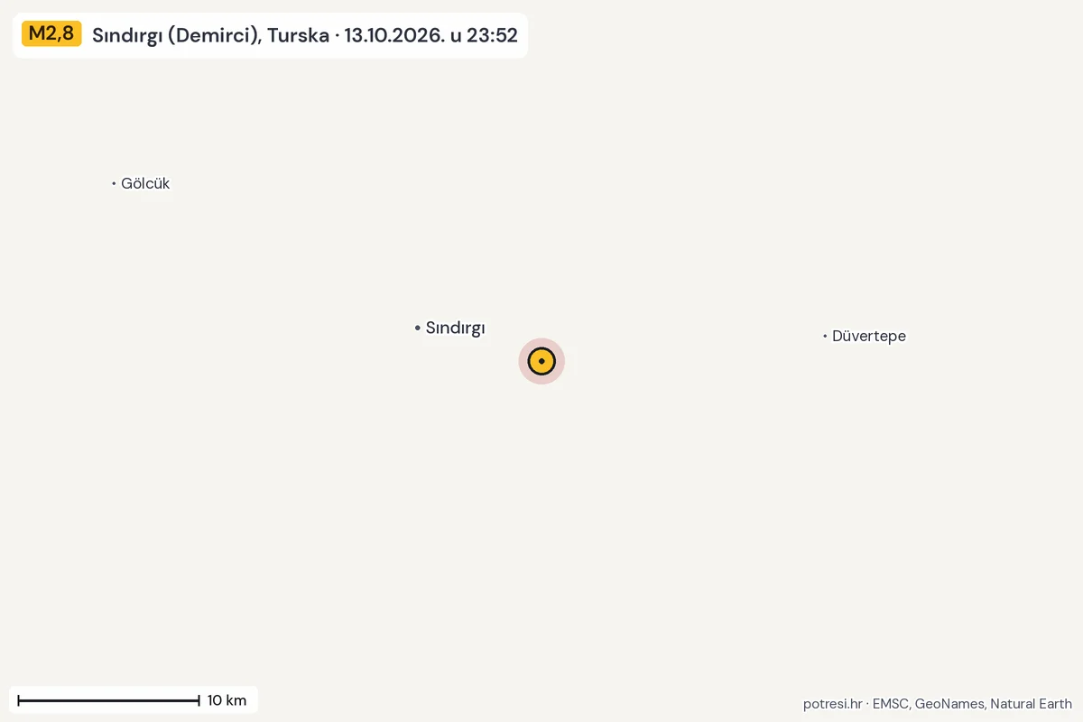 Karta: okolica epicentra, 60 km, potres M2,8, Sındırgı (Demirci), Turska, 13.10.2026.