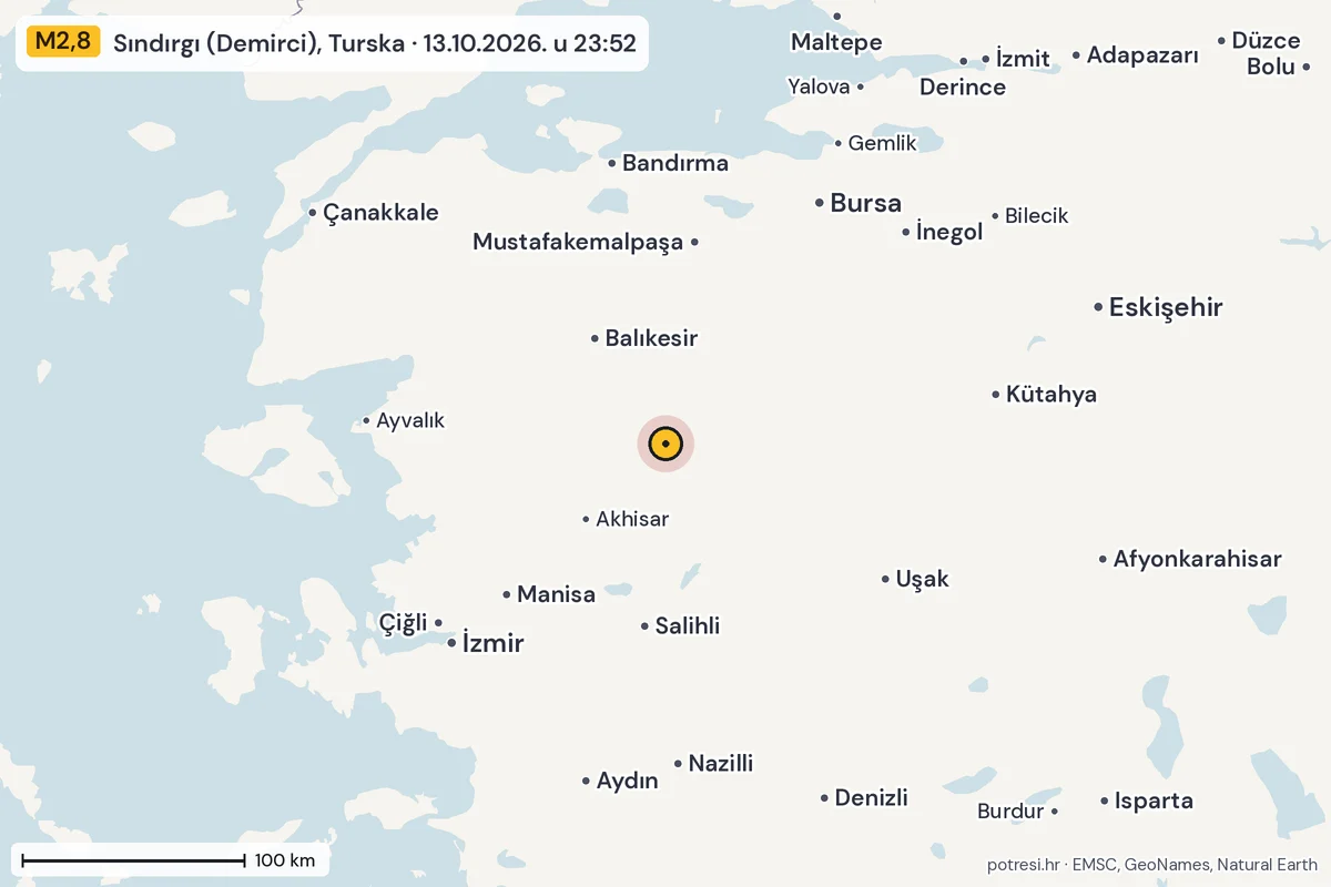 Karta: šire područje, 600 km, potres M2,8, Sındırgı (Demirci), Turska, 13.10.2026.