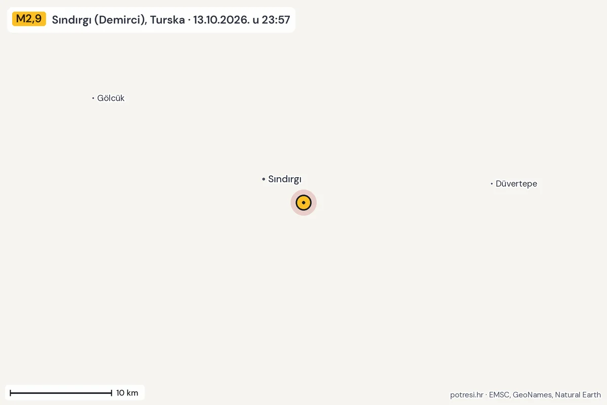 Karta: okolica epicentra, 60 km, potres M2,9, Sındırgı (Demirci), Turska, 13.10.2026.