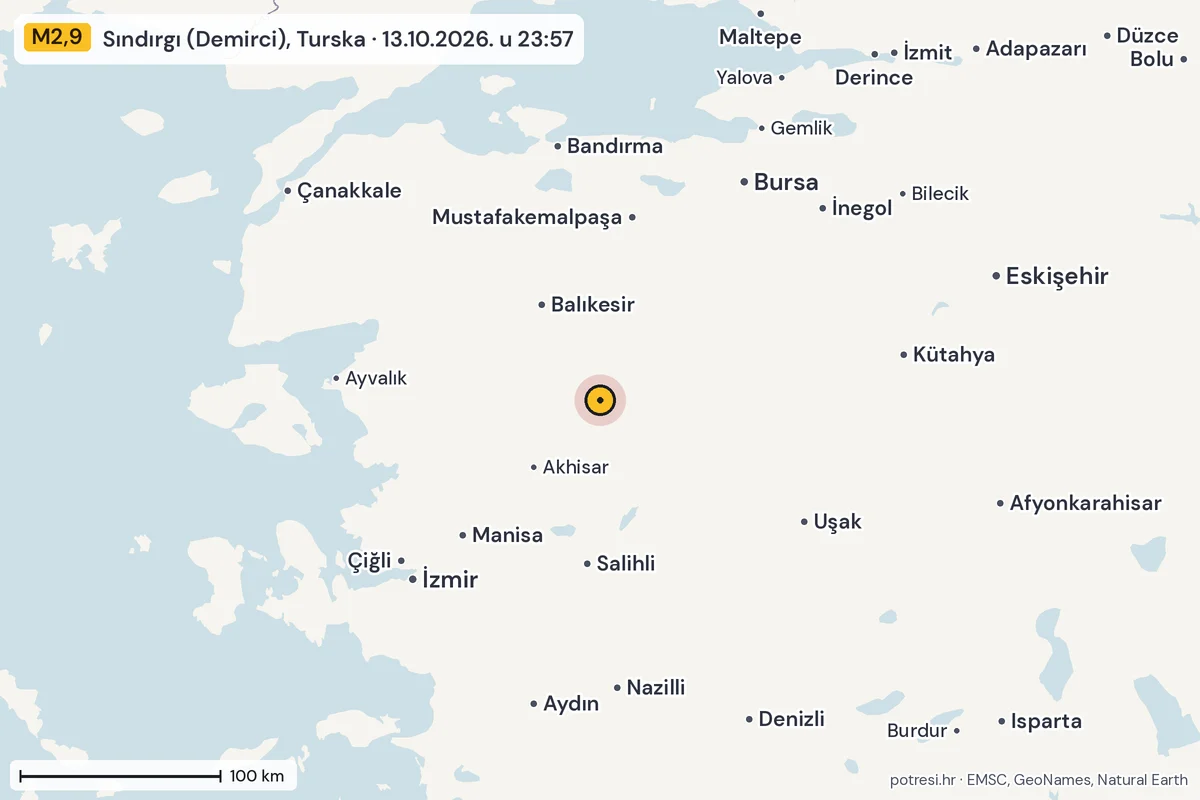 Karta: šire područje, 600 km, potres M2,9, Sındırgı (Demirci), Turska, 13.10.2026.