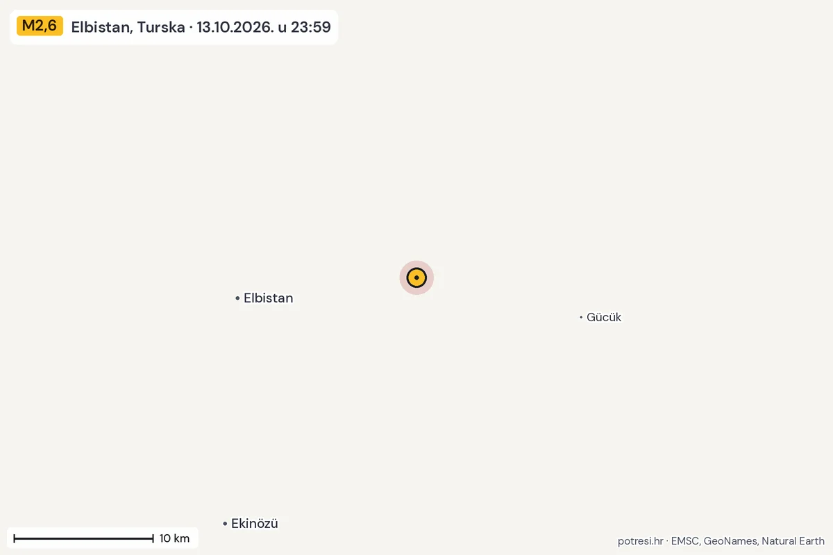 Karta: okolica epicentra, 60 km, potres M2,6, Elbistan, Turska, 13.10.2026.