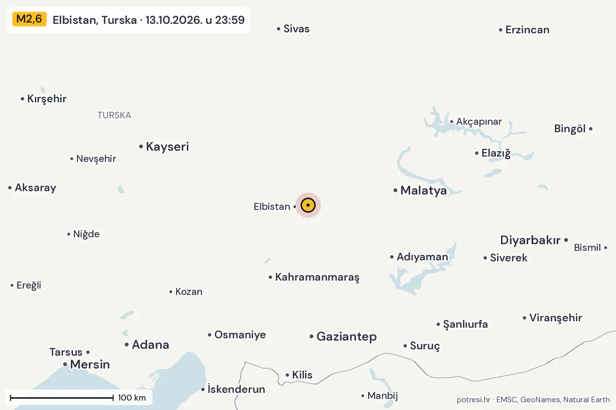Karta: šire područje, 600 km, potres M2,6, Elbistan, Turska, 13.10.2026.
