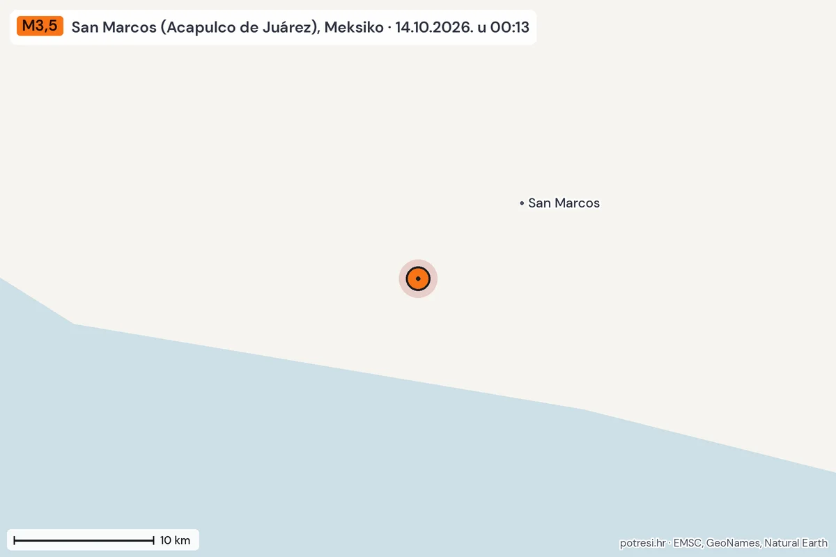 Karta: okolica epicentra, 60 km, potres M3,5, San Marcos (Acapulco de Juárez), Meksiko, 14.10.2026.