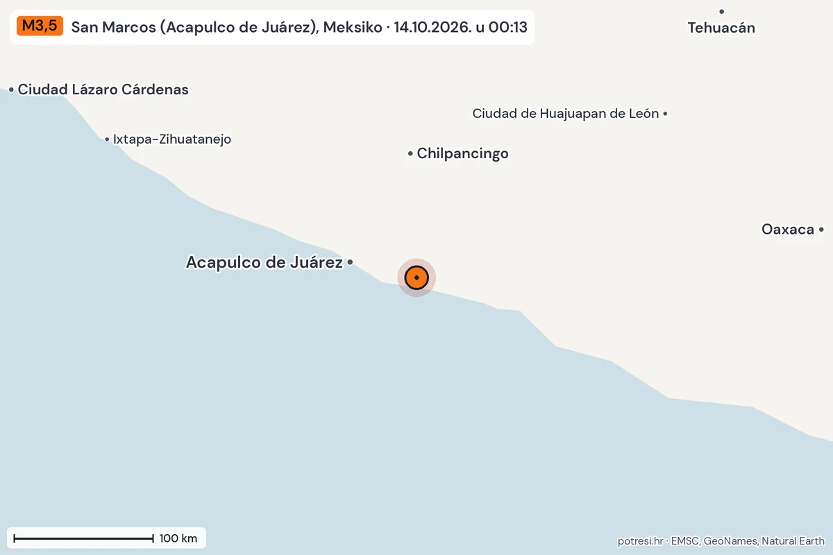 Karta: šire područje, 600 km, potres M3,5, San Marcos (Acapulco de Juárez), Meksiko, 14.10.2026.